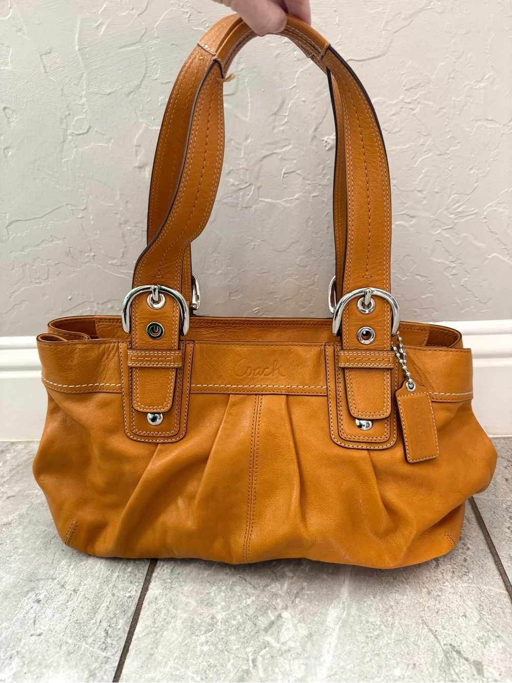 Vintage Coach Soho Pleated Leather Tote F13732 Saffron Yellow Tan Y2K